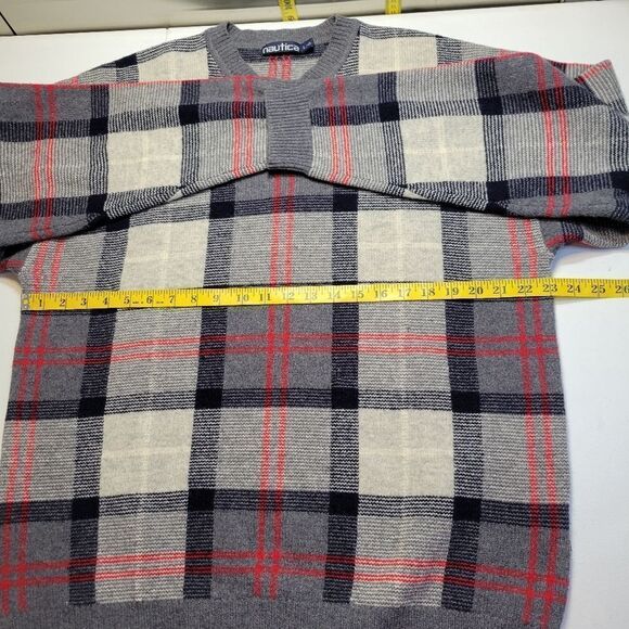 Nautica Vintage Wool V-Neck Navy Gray Red Windowpane Plaid Sweater Men's Large - Picture 9 of 11